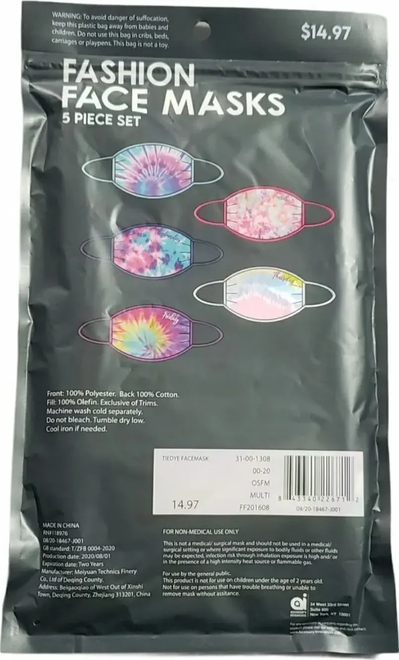 Tye Dye Multi Color Fashion Cloth Face Masks 5 Pack